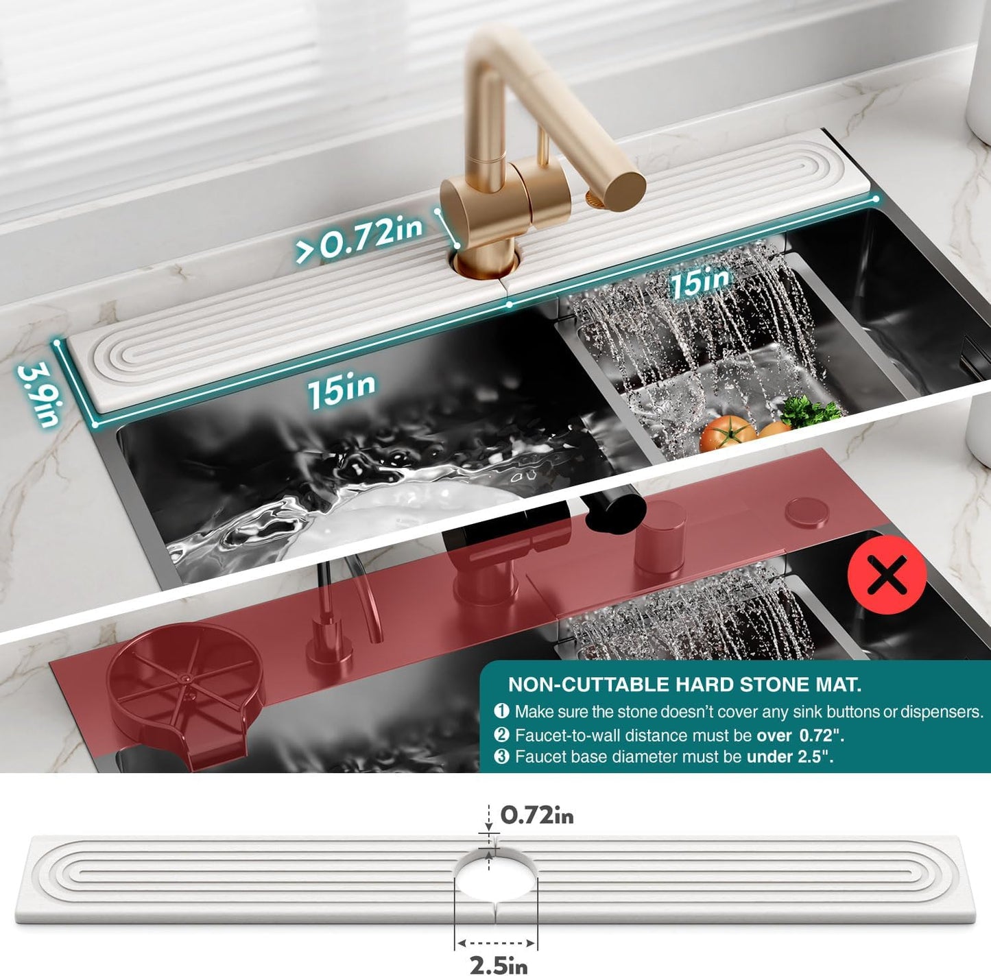 Eormoe Faucet Mat for Kitchen Sink – Diatomite Stone Drying Mat & Sink Protectors, Prevent Moisture – Sink Splash Guard Water-Absorbing Stone Tray for Bathroom Counter (Light Grey, 23.6" x 3.9")