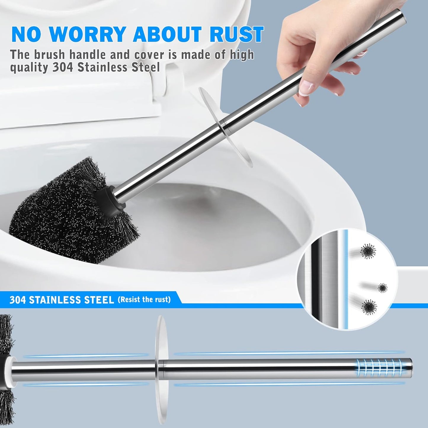 Toilet Brush and Holder, Toilet Brush with 304 Stainless Steel Long Handle, Toilet Bowl Brush for Bathroom Toilet-Elegant-Cleaning-Bristles(White)