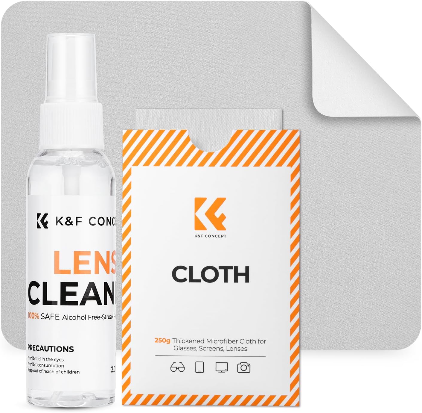 K&F CONCEPT Lens Cleaner Spray Kit | 60ML Glasses Cleaner x2 + Microfiber Cleaning Cloth x2 | Lens and Screen Cleaning Kit | Alcohol Free Eyeglasses, Camera, VR/AR Headset, and Screen Cleaning