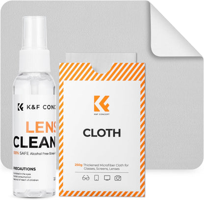 K&F CONCEPT Lens Cleaner Spray Kit | 60ML Glasses Cleaner x2 + Microfiber Cleaning Cloth x2 | Lens and Screen Cleaning Kit | Alcohol Free Eyeglasses, Camera, VR/AR Headset, and Screen Cleaning