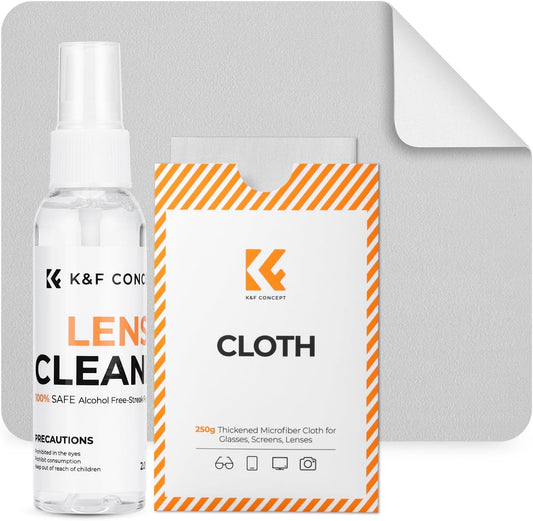 K&F CONCEPT Lens Cleaner Spray Kit | 60ML Glasses Cleaner x2 + Microfiber Cleaning Cloth x2 | Lens and Screen Cleaning Kit | Alcohol Free Eyeglasses, Camera, VR/AR Headset, and Screen Cleaning