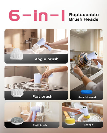 PUFTEM Upgraded Electric Spin Scrubber, Powerful Cordless Shower Scrubber with 4500mAh Large Battery & Speed Display, 6 Replaceable Brush Heads, Cleaning Brush for Bathroom Tile Tub Floor (White)