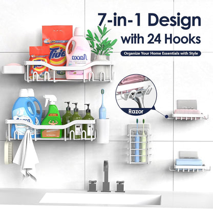 NESOMI Shower Caddy Adhesive Shower Organizer 7-Pack, Rustproof Stainless Steel Bathroom Shelves, Large Capacity No-Drill Rack Storage Accessories with Soap Dish Toothbrush Holder &24 Hooks Home Decor
