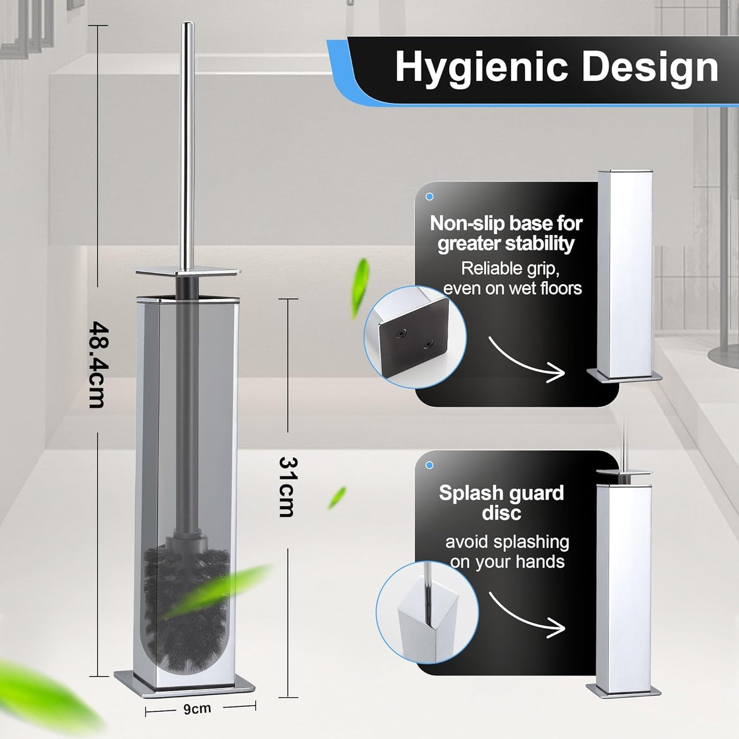 BVL Toilet Brush and Holder Set Brushed Nickel Stainless Steel 304 Square Freestanding Toilet Brush for Bathroom