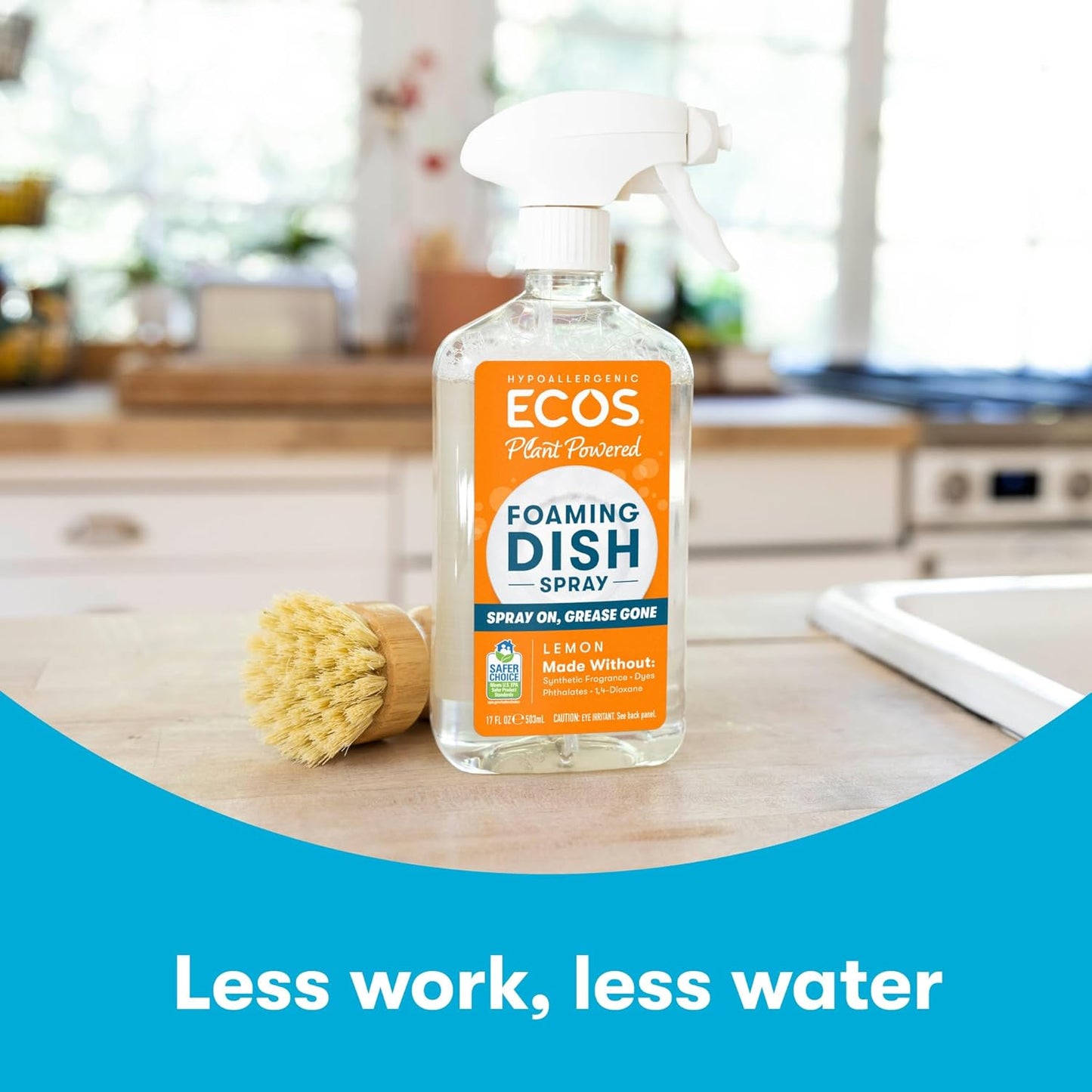 ECOS Foaming Dish Soap, Powerful Spray-On Formula, Saves Water, Wipe & Rinse Dish Cleaner - Hypoallergenic - Free & Clear, 17 Fl Oz (Pack of 4)