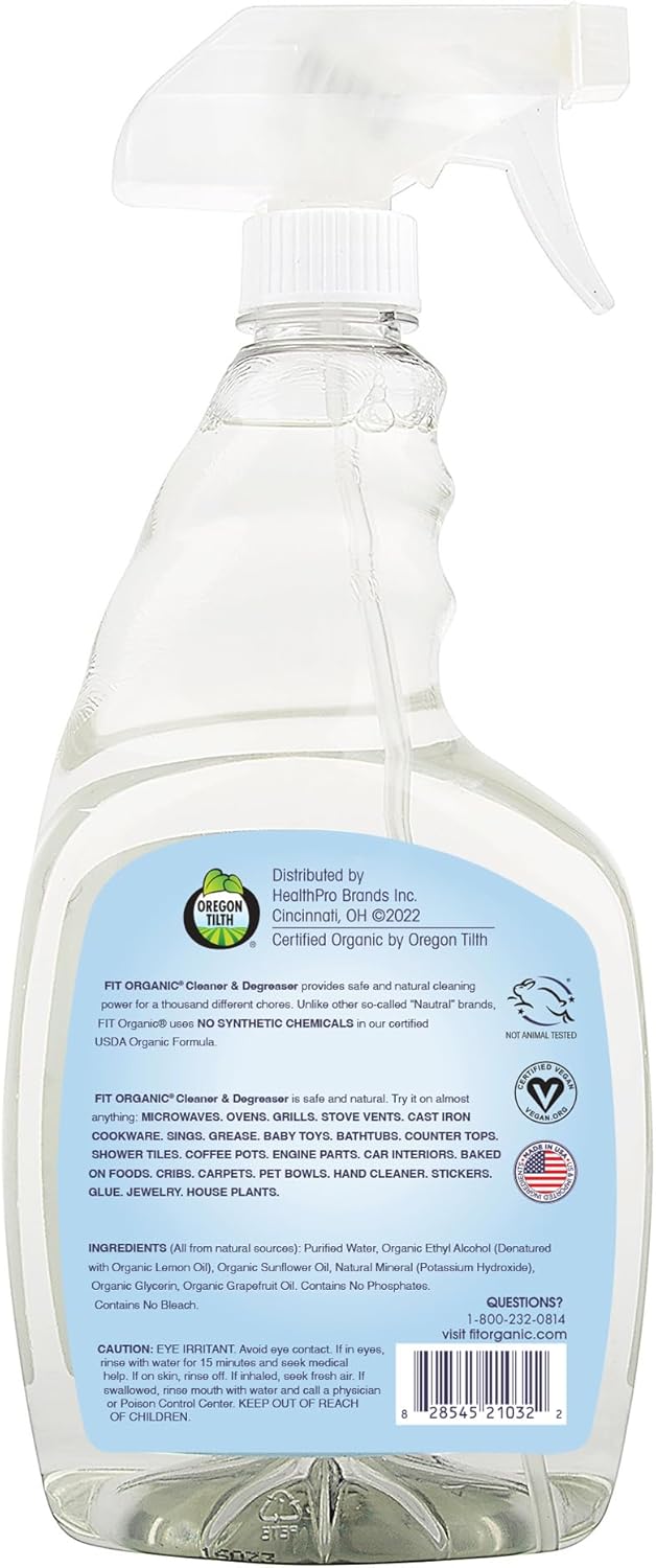 Fit Organic Multi-Surface Cleaner & Degreaser Spray – USDA Organic, Plant-Based, Biodegradable, Tough on Grease & Grime, Natural All-Purpose Spray for Kitchen, Bathroom, Oven & Toilet - (32oz)