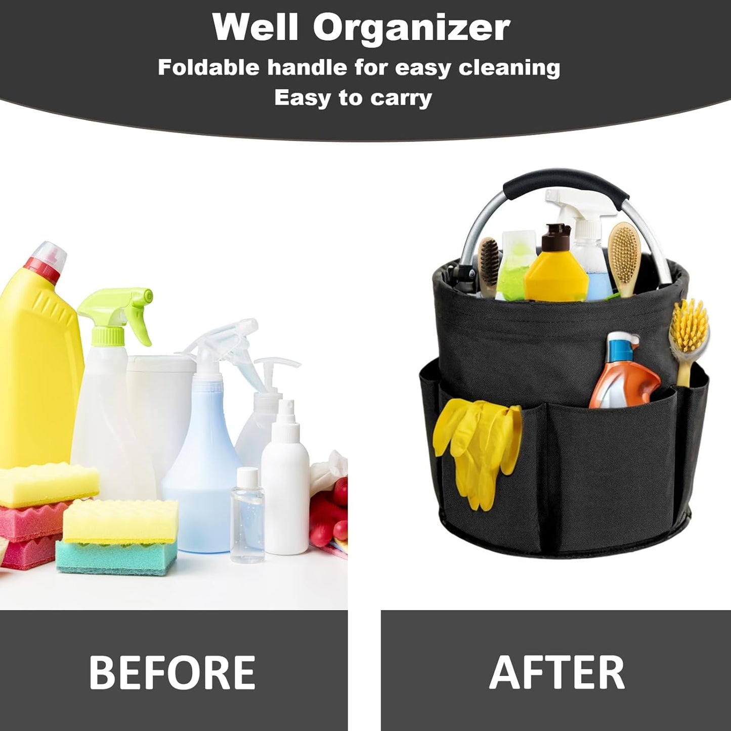 17L Cleaning Caddy with Handle, Cleaning Supplies Organizer, Foldable Storage Basket, Cleaning Supply Caddy, Portable Multi Cleaning Bucket Bag for Home, Garden (Pink)