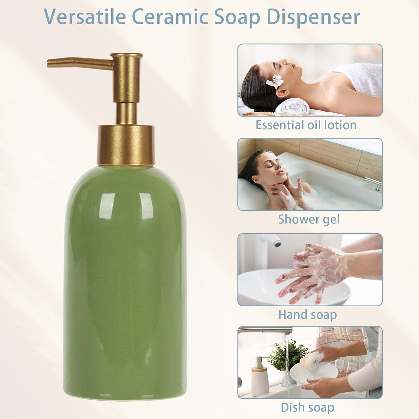 Natheeph Dish Soap Dispenser, Hand Soap Dispenser Ceramic Bottle, Refillable Liquid Great for Kitchen Dish Soap, Hand Soap, Essential Oil & Lotion (Bright White)