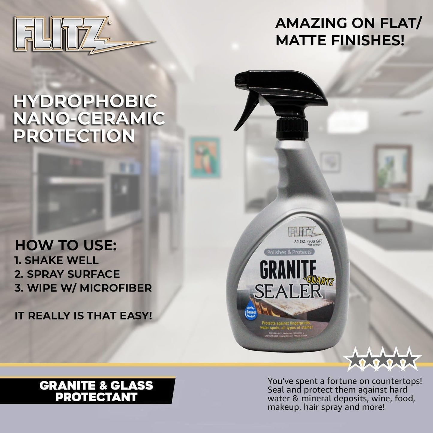 Flitz Granite & Glass Protectant - 16oz Bottle of USA-Made Granite Sealer and Glass Countertop Protector - Cleans & Prevents Liquid, Stains, & Others - Also Works on Marble & All Metals (1 Pack)