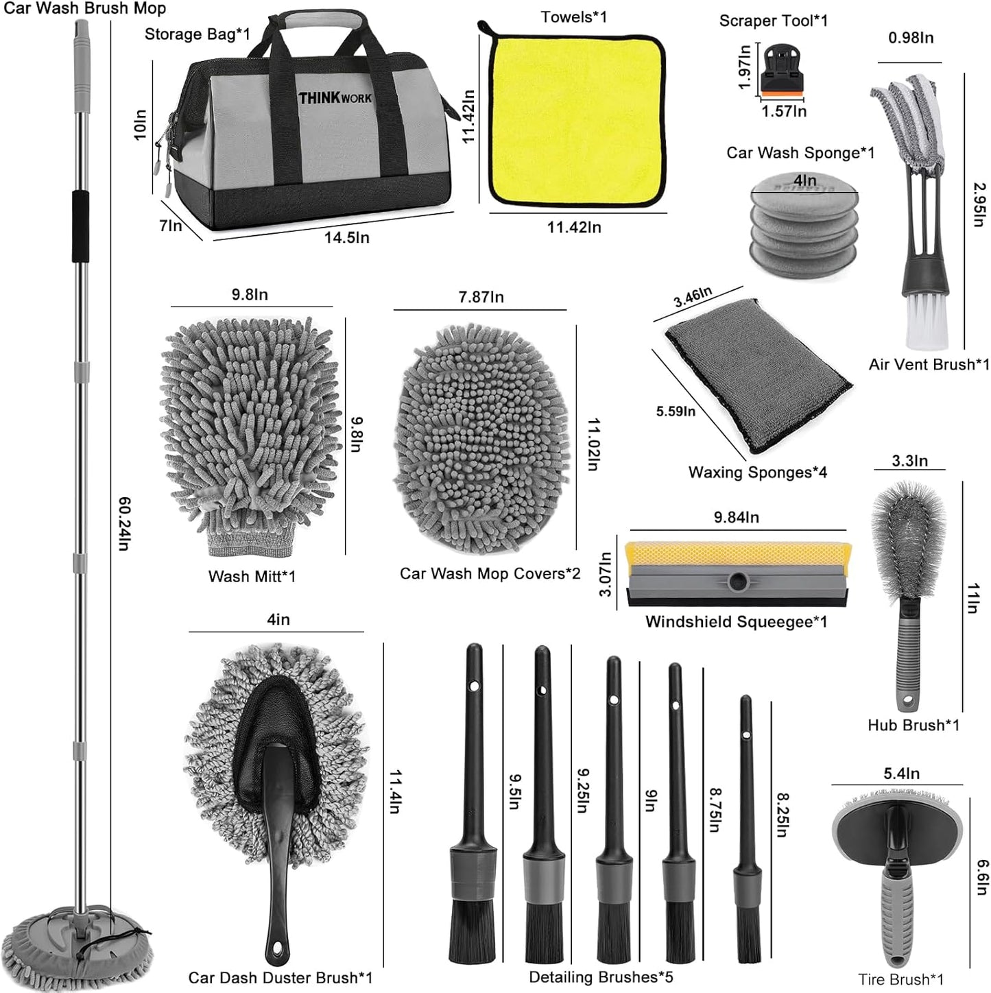 THINKWORK Windshield Cleaner Tool, Car Interior Cleaning Kit, Car Detailing Kit Interior Cleaner with10Pcs Detailing Brush Set, Gray Auto Detailing Supplies & Accessories