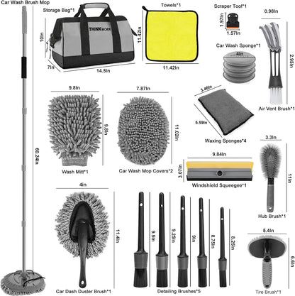 THINKWORK Windshield Cleaner Tool, Car Interior Cleaning Kit, Car Detailing Kit Interior Cleaner with10Pcs Detailing Brush Set, Gray Auto Detailing Supplies & Accessories