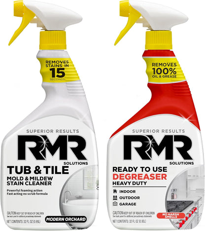 RMR Grime To Shine System – Tub & Tile Stain Remover + Ready to Use Degreaser, 2-Step Bathroom and Surface Cleaning Bundle for Tile, Grout, Shower, Counters, Floors and More, 2–32 Oz Bottles