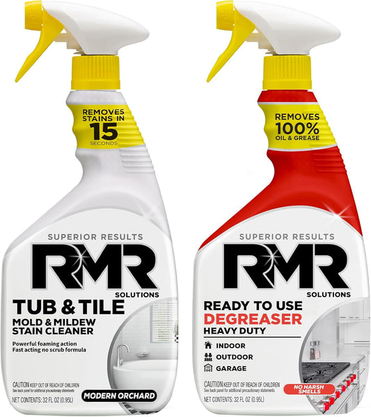RMR Grime To Shine System – Tub & Tile Stain Remover + Ready to Use Degreaser, 2-Step Bathroom and Surface Cleaning Bundle for Tile, Grout, Shower, Counters, Floors and More, 2–32 Oz Bottles