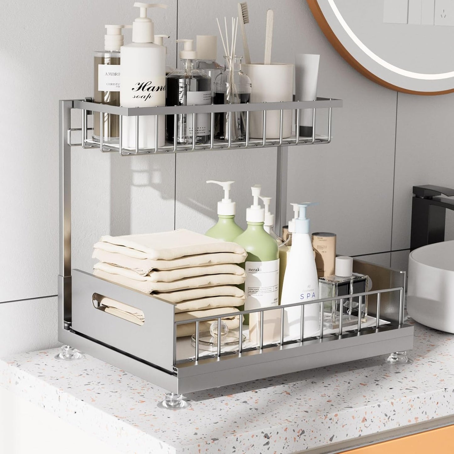 Saydear Under Sink Organizer Storage 2-Tier Premium Metal Pull-Out Kitchen Cabinet Organizer with Sliding Drawer, Height Adjustable, Heavy Duty for Kitchen & Bathroom Organizers 2 Pack Black