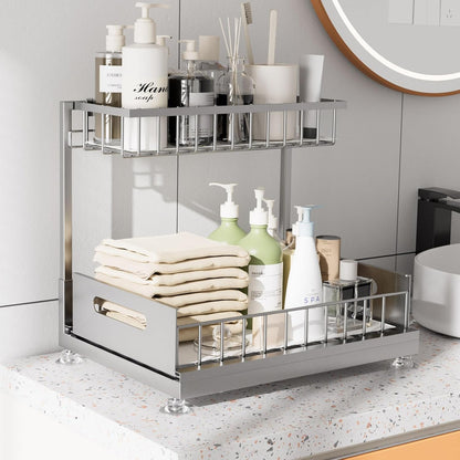 Saydear Under Sink Organizer Storage 2-Tier Premium Metal Pull-Out Kitchen Cabinet Organizer with Sliding Drawer, Height Adjustable, Heavy Duty for Kitchen & Bathroom Organizers 2 Pack Black