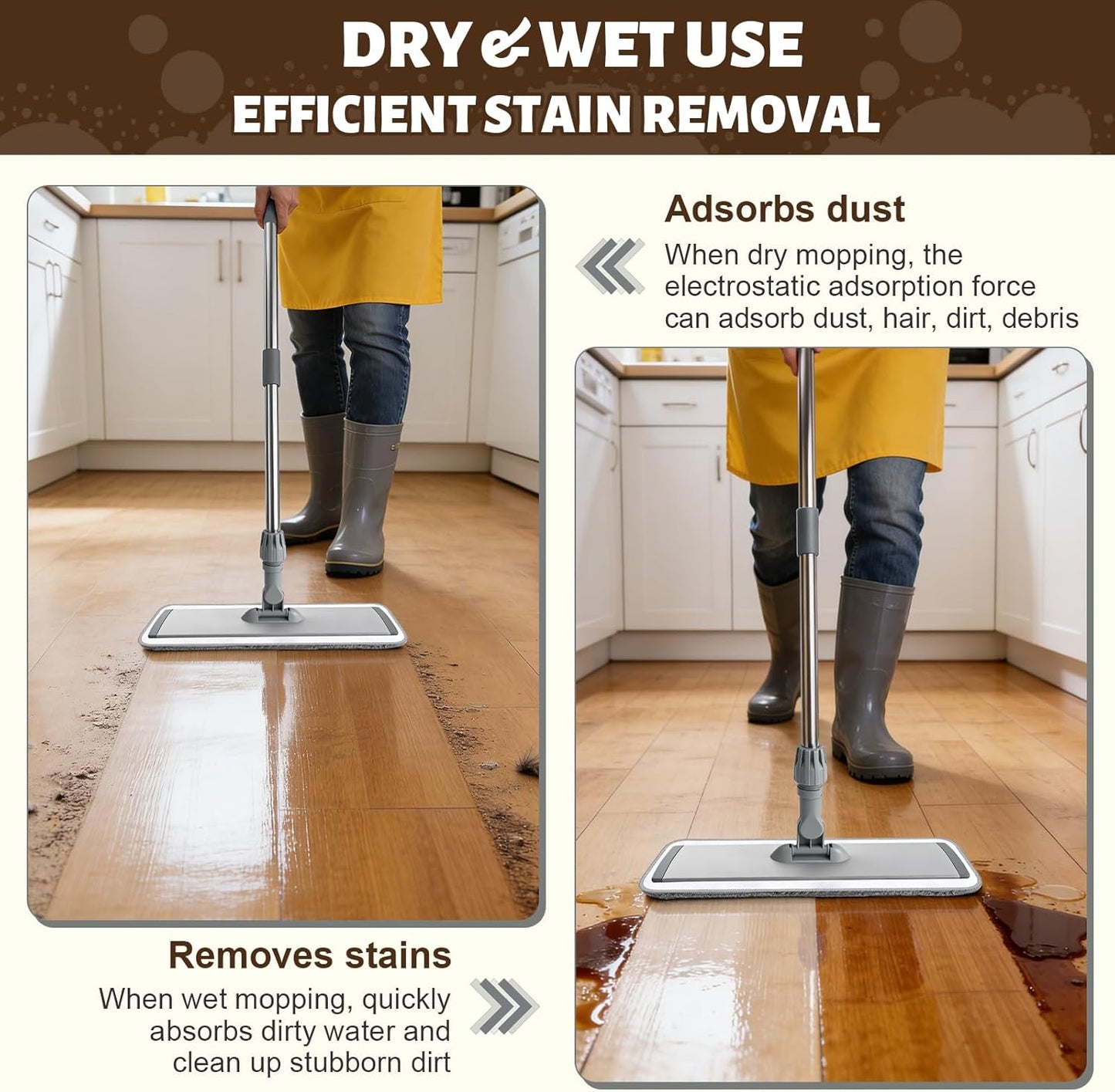 17.7" Microfiber Mop for Floor Cleaning, 59in Long Adjustable Stainless Steel Handle, 360° Rotating Large Flat Mops, 4 Washable Pads for Dry & Wet Cleaning for Hardwood, Vinyl, Laminate, Grey