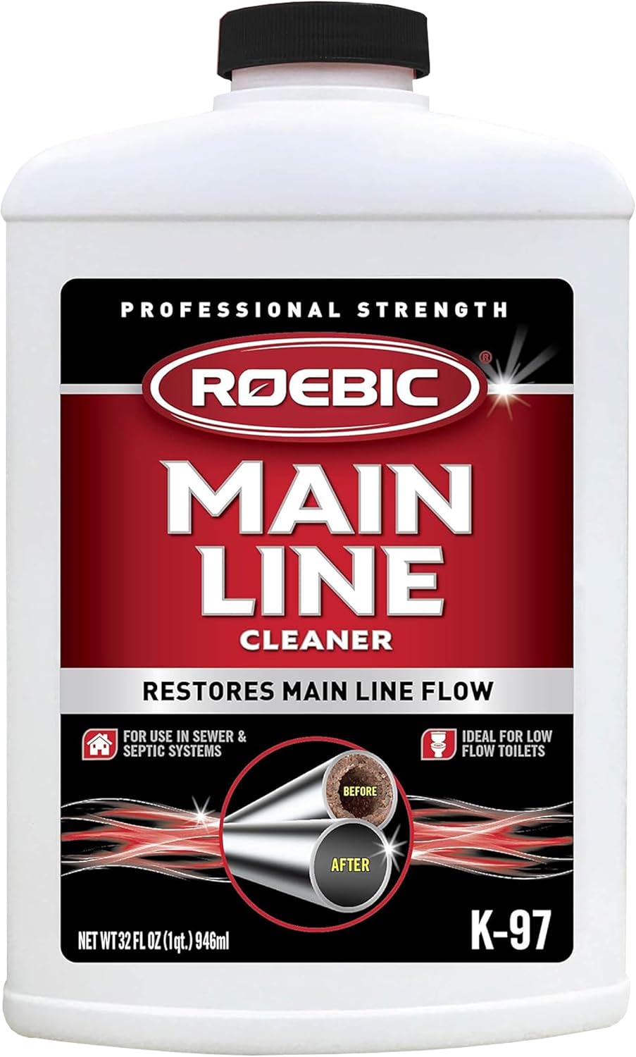 Roebic K-97 Liquid Main Line Cleaner with Bacteria Enzymes, Eliminates Organic Buildup in Sewer/Septic System and Protects from Clogs, Safe for Bathroom Toilet, 64 fl oz