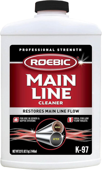 Roebic K-97 Liquid Main Line Cleaner with Bacteria Enzymes, Eliminates Organic Buildup in Sewer/Septic System and Protects from Clogs, Safe for Bathroom Toilet, 64 fl oz