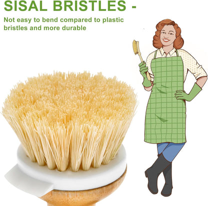 SUBEKYU Bamboo Dish Brush, Kitchen Dish Scrubber Brush, Natural Wooden Dishwashing Brush for Cleaning Dishes/Pans/Pots, Built-in Scraper, Sisal Bristles,1 Set