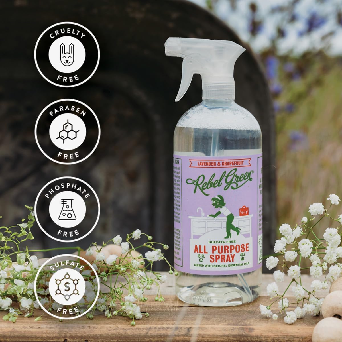 Rebel Green Natural All-Purpose Cleaning Spray - Plant-Derived Multi-Surface Cleaner with Essential Oils for Kitchen, Bath, Countertops and More - Peppermint & Lemon Scent - 16 oz - 1 Pack