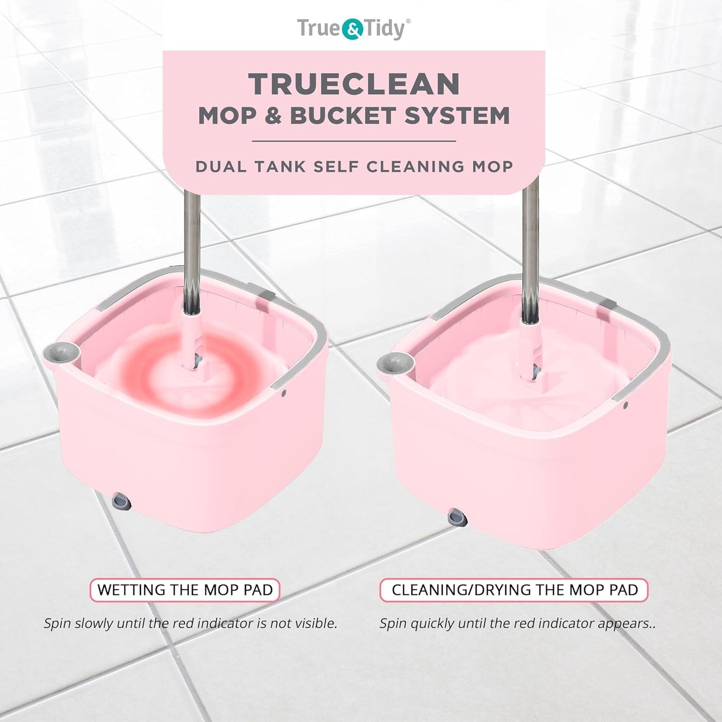 Square Spin Mop and Bucket Smart Floor Mop with Separate Compartments for Clean and Dirty Water, Self Cleaning with 2 Machine Washable Pads, First Launch Limited Edition Rose