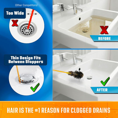 Flexisnake Drain Weasel Hair Clog Remover Kit – Plumbing Snake Auger for Cleaning Shower, Bath Tub, Bathroom Drains with Rotating Handle and 5 Disposable Wands, Made in USA