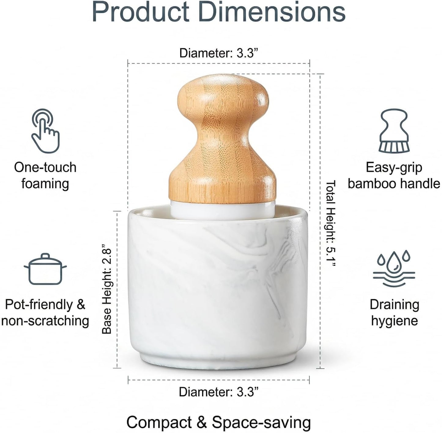 ONEMORE Bamboo Dish Brush with Ceramic Foaming Base, Kitchen Sink Scrub Brush Set with Spring and Mesh Insert, Wooden Handle Dishwashing Brush for Pots Pans Plates Bowls, White