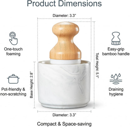 ONEMORE Bamboo Dish Brush with Ceramic Foaming Base, Kitchen Sink Scrub Brush Set with Spring and Mesh Insert, Wooden Handle Dishwashing Brush for Pots Pans Plates Bowls, White