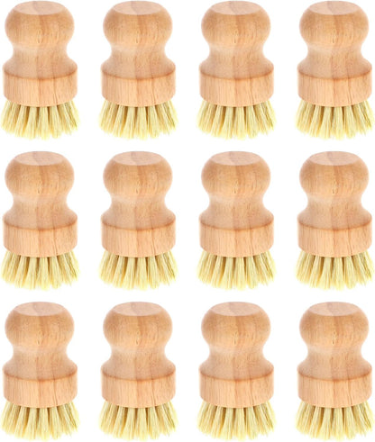 12 Packs Bamboo Dish Scrub Brushes Wooden Scrubbers Set Kitchen Dishwashing Scrubber with Natural Sisal Bristles for Iron Pot Pan Sink