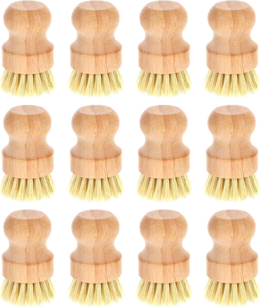 12 Packs Bamboo Dish Scrub Brushes Wooden Scrubbers Set Kitchen Dishwashing Scrubber with Natural Sisal Bristles for Iron Pot Pan Sink