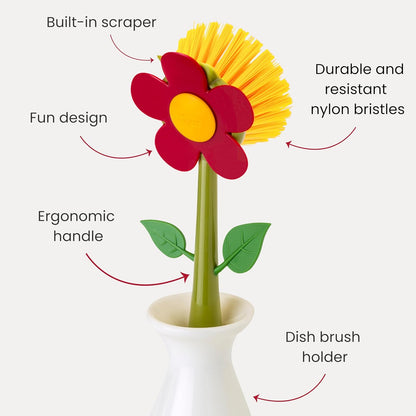 Vigar Flower Power Dish Brush with Vase Brush Holder, Dish Brush with Handle for Pot Scrubber, Dishes, Sink, and Kitchen Essentials, White, Black