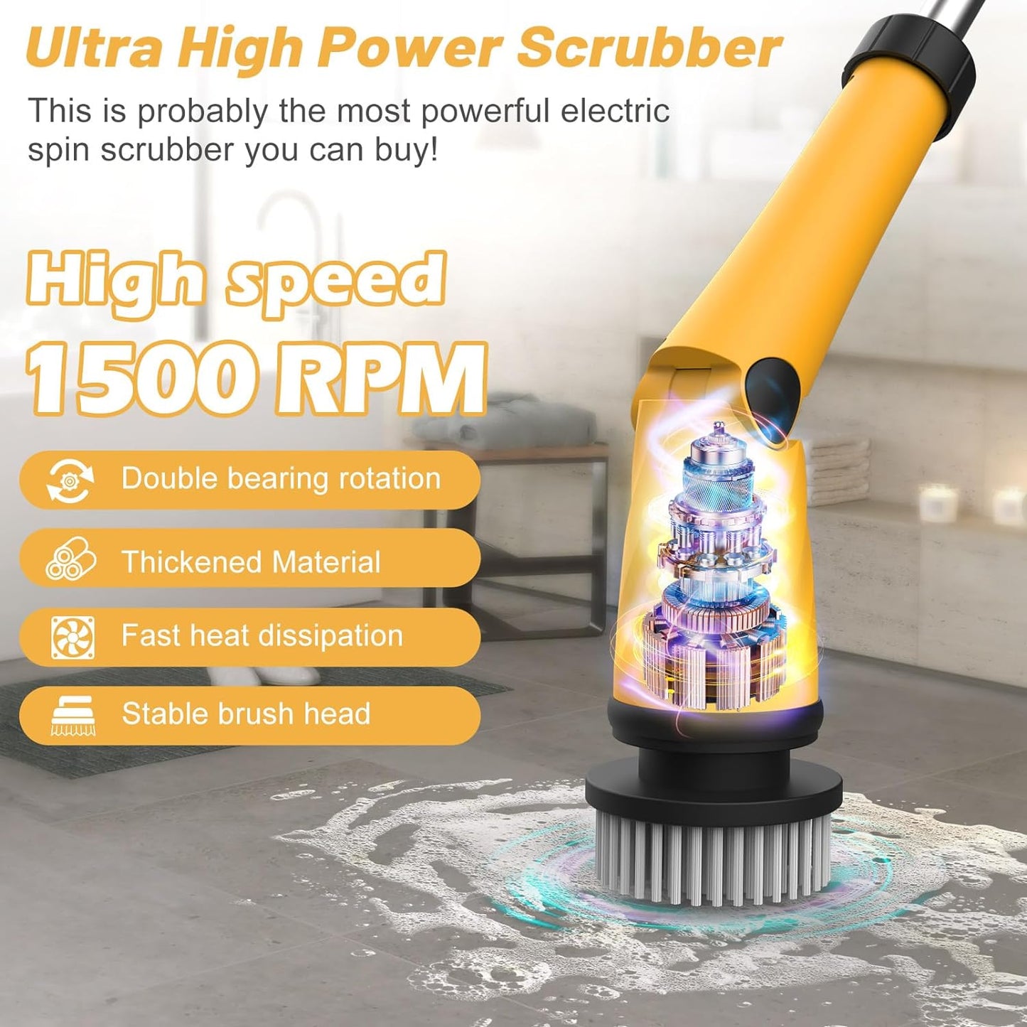 Qimedo Electric Spin Scrubber with Two Batteries Q2 Pro,1500 RPM High Power Electric Scrubber for Cleaning,Shower Cordless Cleaning Brush with Display for Tub/Tile/Floor (Effortless Handle/8 Brushes)