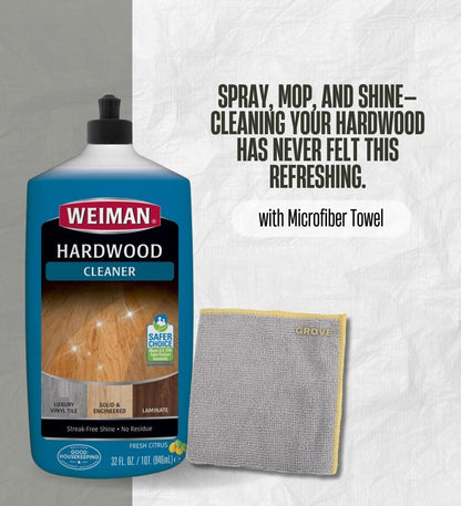 Weiman Professional Citrus Scent Hardwood Floor Cleaner Liquid 32 oz Bundle with Microfiber Cloth – Cleans and Shines Wood, Laminate, and Tile Floors – Gift Set (2 Items)