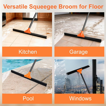 Heavy Duty Floor Squeegee with Long Handle, 18" Rubber Wiper Broom for Concrete Tile Cleaning Commercial Scrubber Mop for Garage Deck Bathroom Kitchen Pool