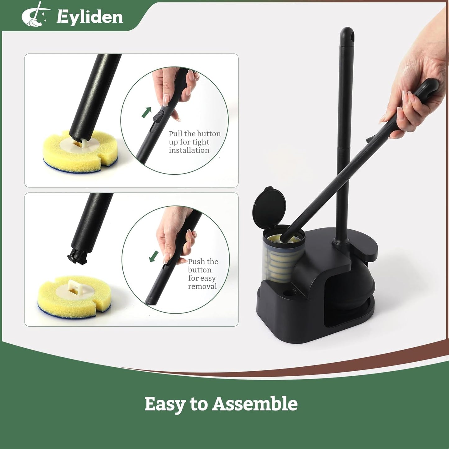 Eyliden Toilet Brush and Plunger Combo Set | 2-in-1 Disposable Toilet Bowl Wand Kit with 10 Refill Heads, Toilet Plunger, Compact Storage Holder | Bathroom Cleaning System for Home, White