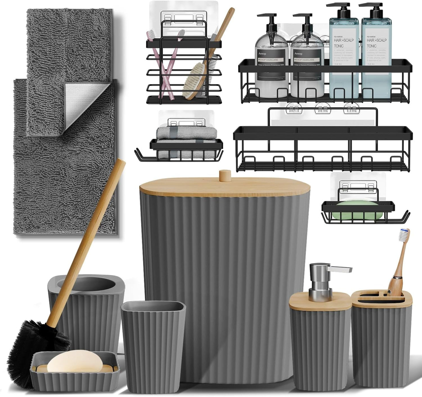Clara Clark Bathroom Set - Sage Green Bathroom Accessories Set, 6PC Bathroom Accessory Set, Bathroom Sets with Toilet Brush, Trash Can & Soap Dispenser