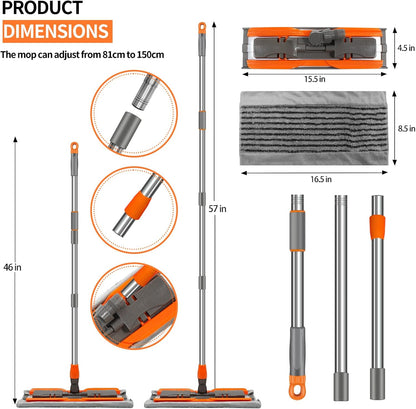 57-inch Microfiber Flat Mop with Stainless Steel Telescopic Handle and 4 Washable Mop Pads for Wet and Dry Cleaning of Hardwood, Tile, Laminate, and Vinyl Floors Scratch-Resistant Professional Mops