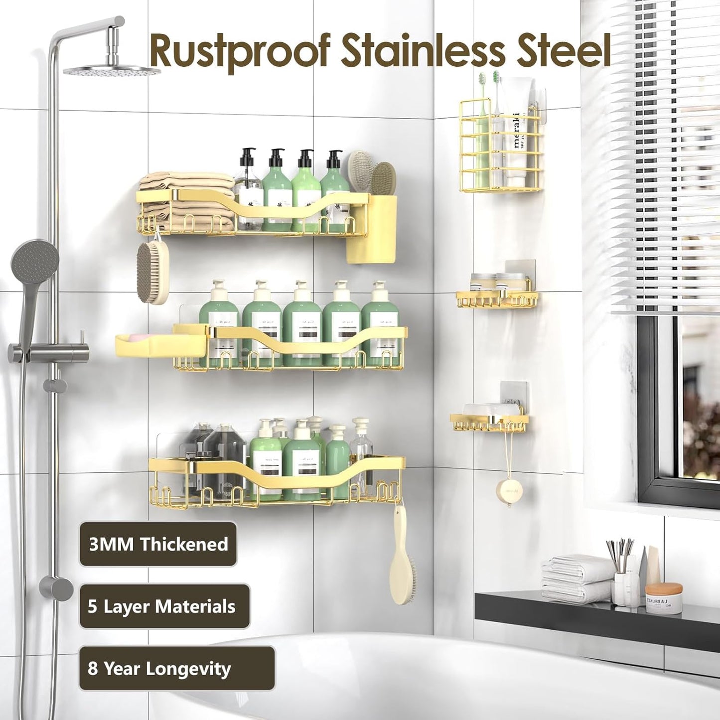 NESOMI Shower Caddy Adhesive Shower Organizer 7-Pack, Rustproof Stainless Steel Bathroom Shelves, Large Capacity No-Drill Rack Storage Accessories with Soap Dish Toothbrush Holder &24 Hooks Home Decor