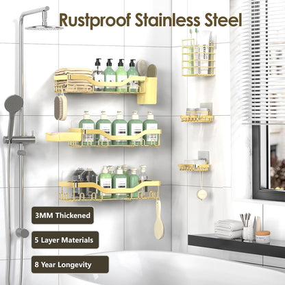 NESOMI Shower Caddy Adhesive Shower Organizer 7-Pack, Rustproof Stainless Steel Bathroom Shelves, Large Capacity No-Drill Rack Storage Accessories with Soap Dish Toothbrush Holder &24 Hooks Home Decor