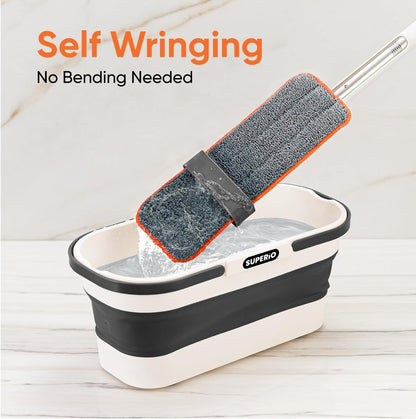 Superio Fold N' Go 10L Collapsible Mop Bucket with Wheels & Self-Wringing Microfiber Flat Mop - Portable, Hands-Free Cleaning Set for Home, Car, Kitchen, Bathroom, Hardwood & Tile Floors
