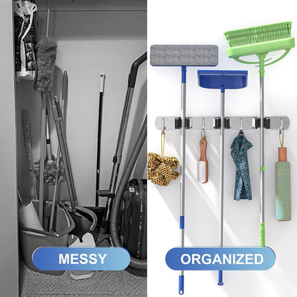 ZONGOOL 2 Pack Broom Holder Wall Mount, 4 Racks and 5 Hooks Mop Hanger Wall Mount Broom Organizer Stainless Steel Heavy Duty Garage Tool Racks for Home Kitchen Garden Laundry (Black)