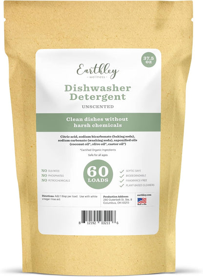 Earthley Wellness, Dishwasher Detergent, Eco-Friendly, Pure, Certified Organic Dish Detergent (60 Loads, Unscented)