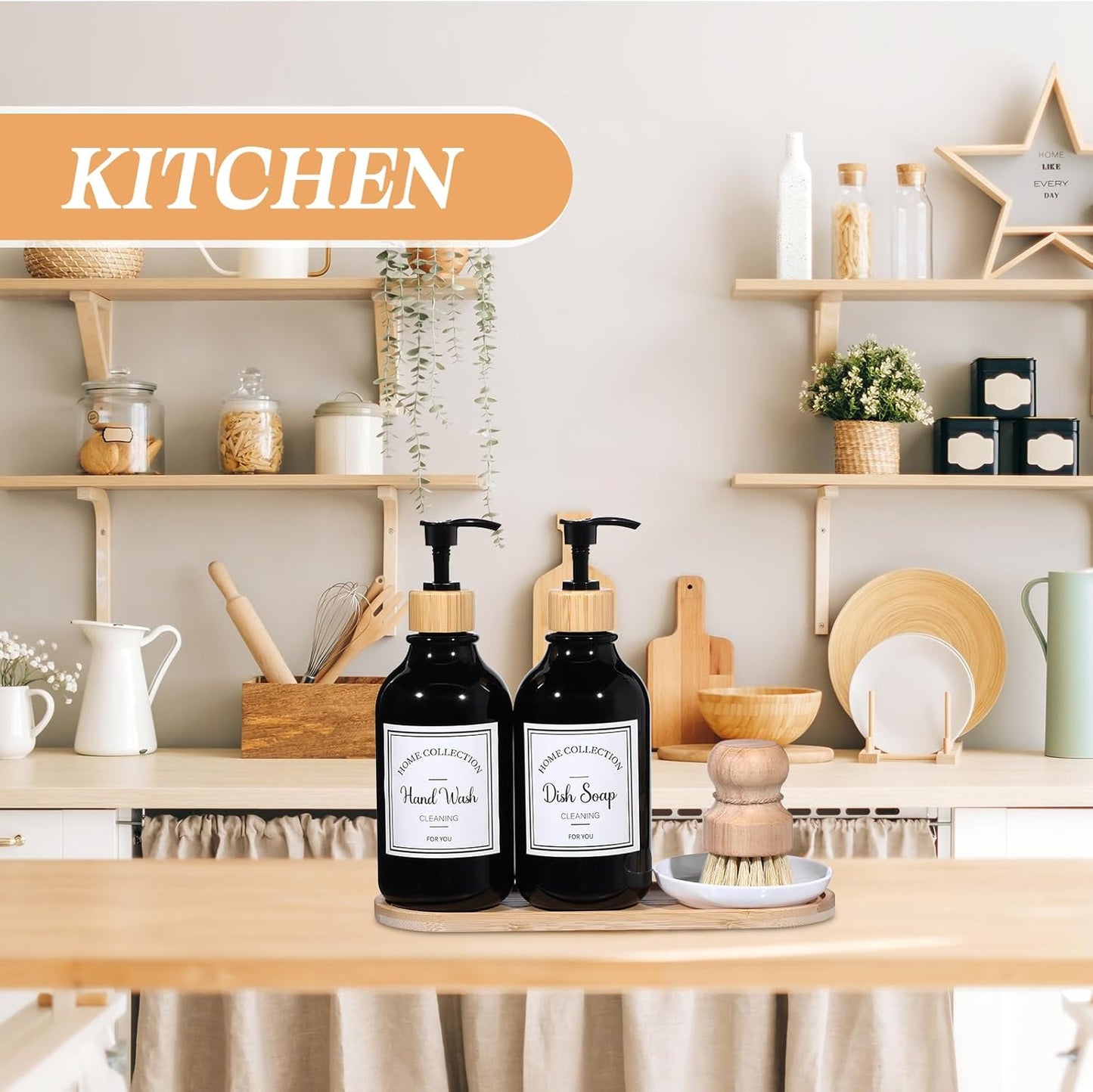 Zopeal 4 Pcs 16 oz Kitchen Soap Dispenser Set with Bamboo Tray and Dish Brush Plastic Soap Dispenser Set with Waterproof Labels for Hand Dish Lotion(Frosted Black)