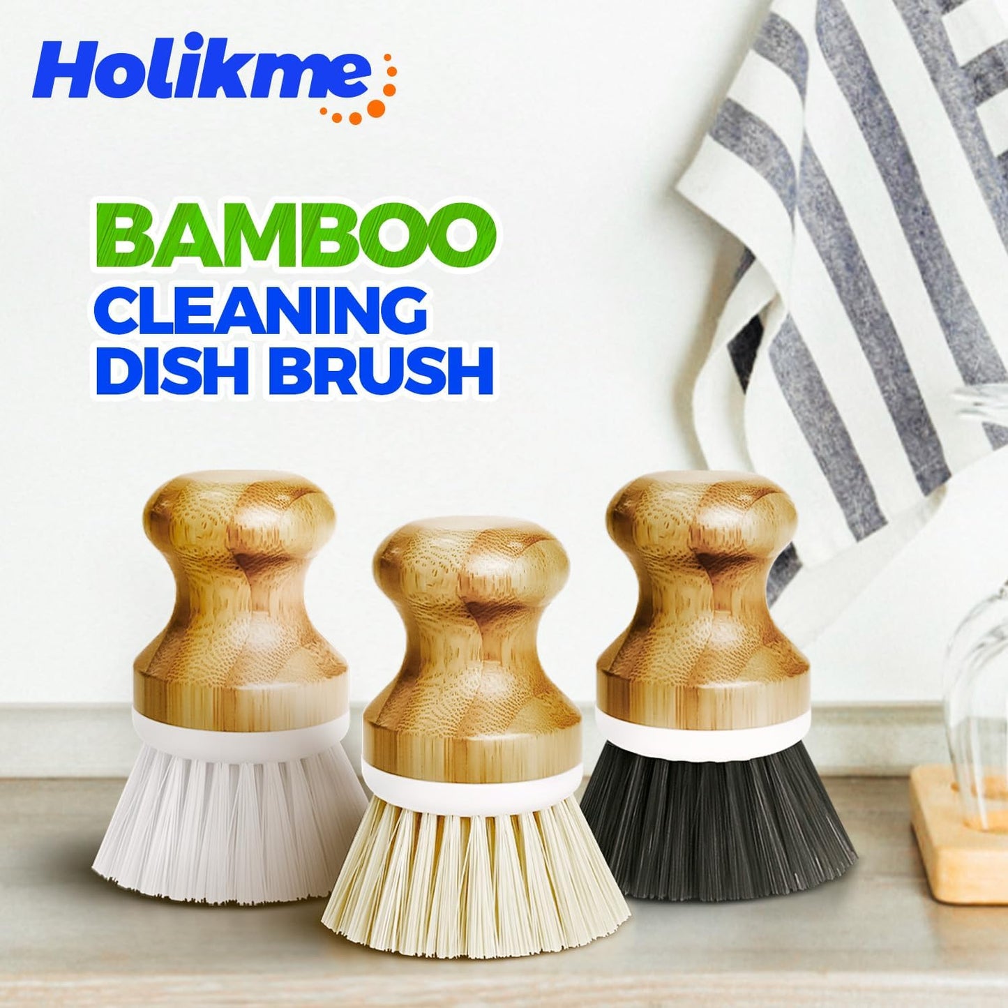 Holikme 3 Pack Dish Brush Set with Bamboo Handle, Kitchen Brushes for Cleaning Pot, Sink and Stove, Skillet Scrubber with Tough Bristles for Cast Iron Grill Pan, Yellow White Black
