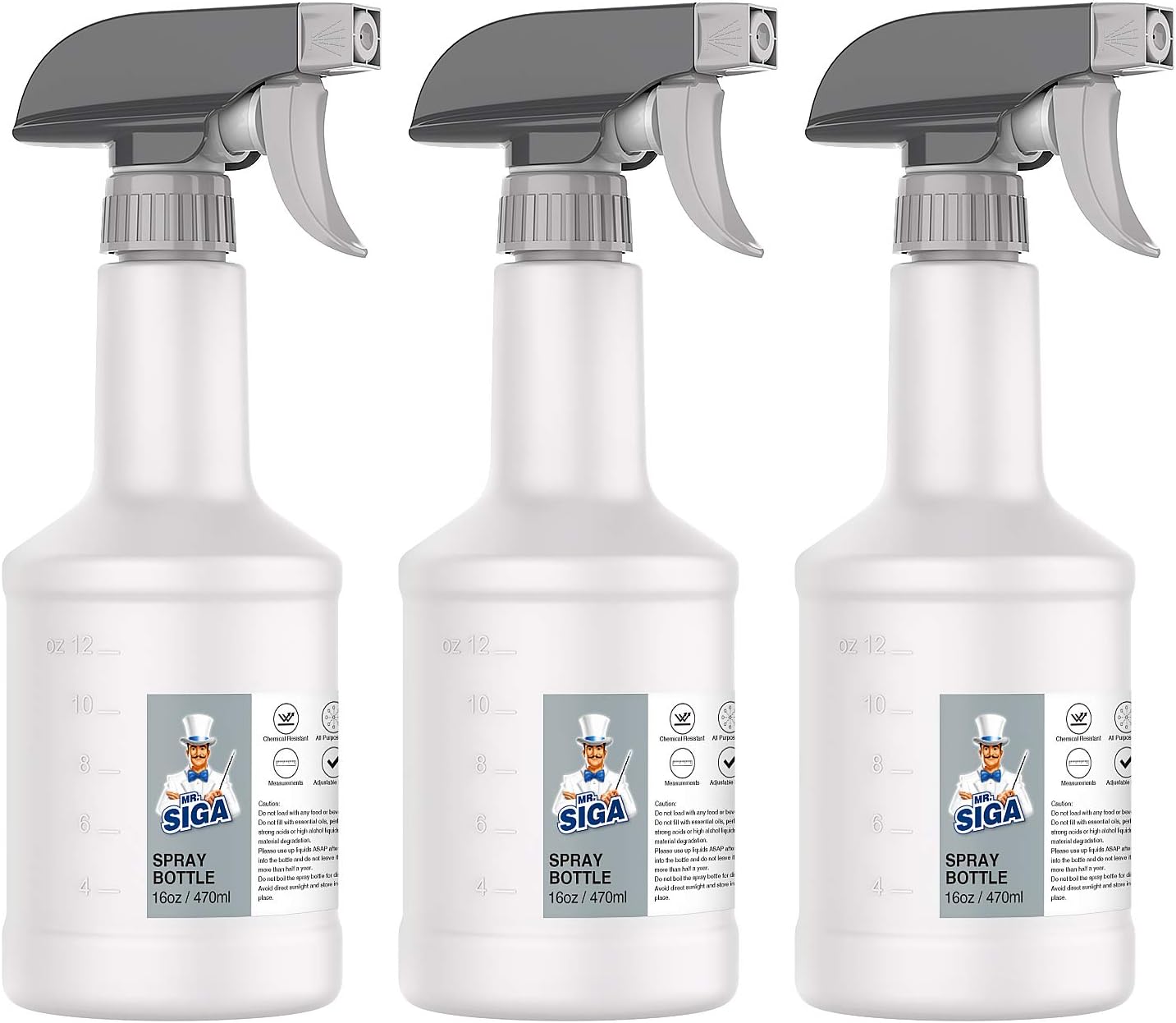 MR.SIGA 24 oz Empty Plastic Spray Bottles for Cleaning Solutions, Heavy Duty Household Reusable Spray Bottles with Measurements and Adjustable Leak Proof Nozzle, 3 Pack