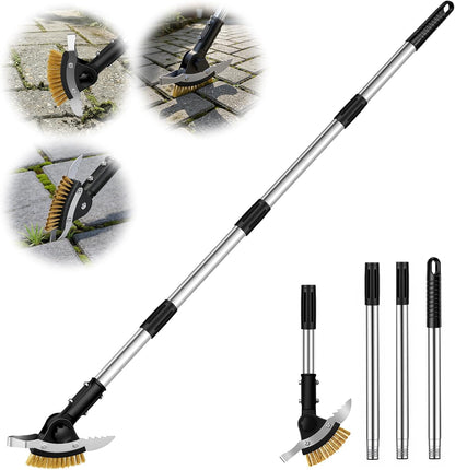 Hysagtek Crack Weeder Long Handle - 3-in-1 Adjustable Crevice Cleaning Brush with 2 Scrapers, Durable Manual Stainless Steel Weed Puller Tool for Driveway Patio Sidewalk Garden Lawn