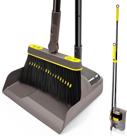JEHONN Broom and Dustpan Set for Home, 54 Inches Long Handle Lightweight 180 Degree Rotating Indoor Upright Standing Dust Pan with Comb Teeth, Store Sweep Set for Room Kitchen Lobby Office