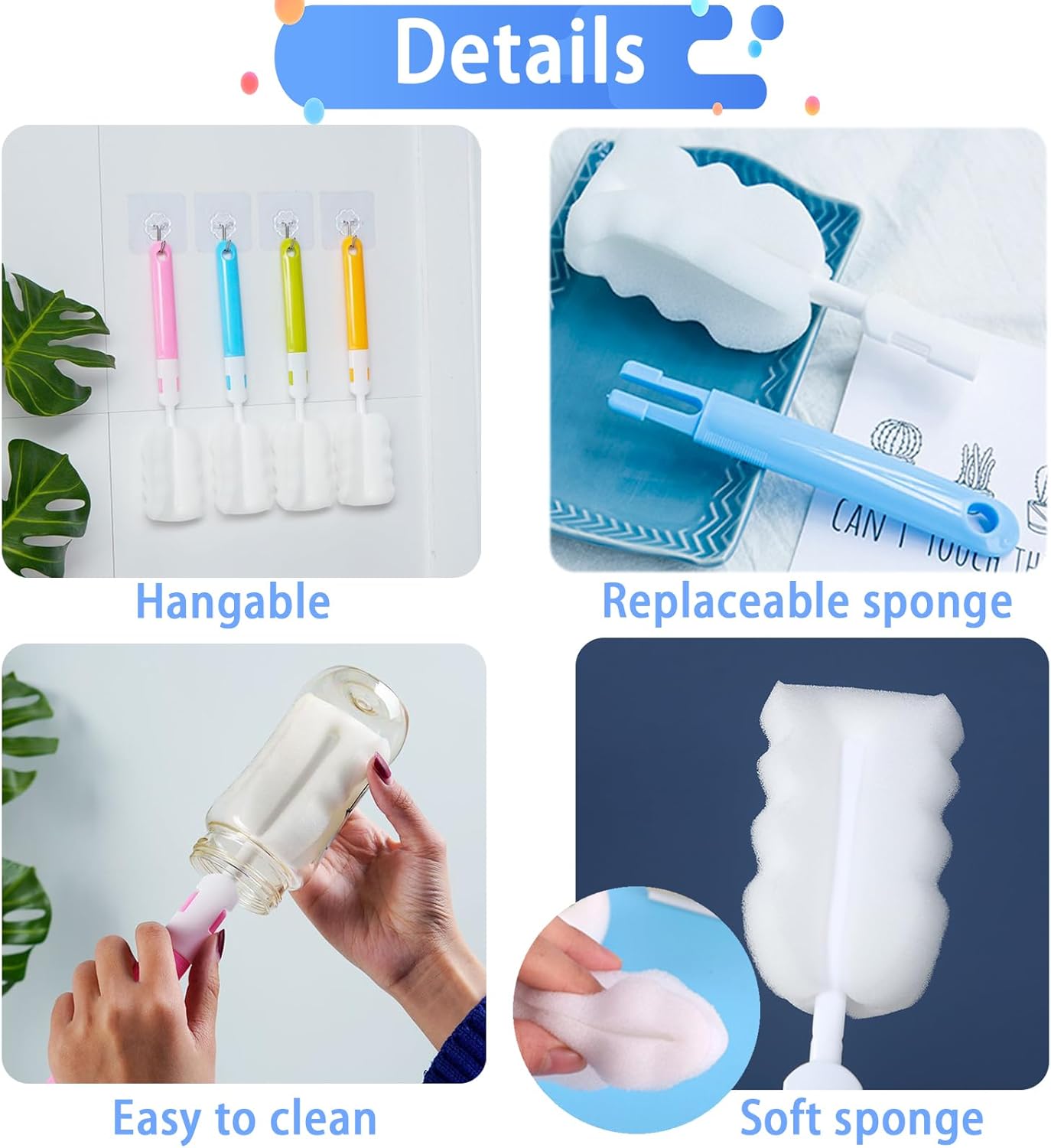Bottle Brush Sponge Cup Brush Set with 4 Replacement Brush Head Portable Long Handle Water Bottle Cleaner Brush, for Baby Bottles Vacuum Flasks (4 Brushes + 4 Heads)