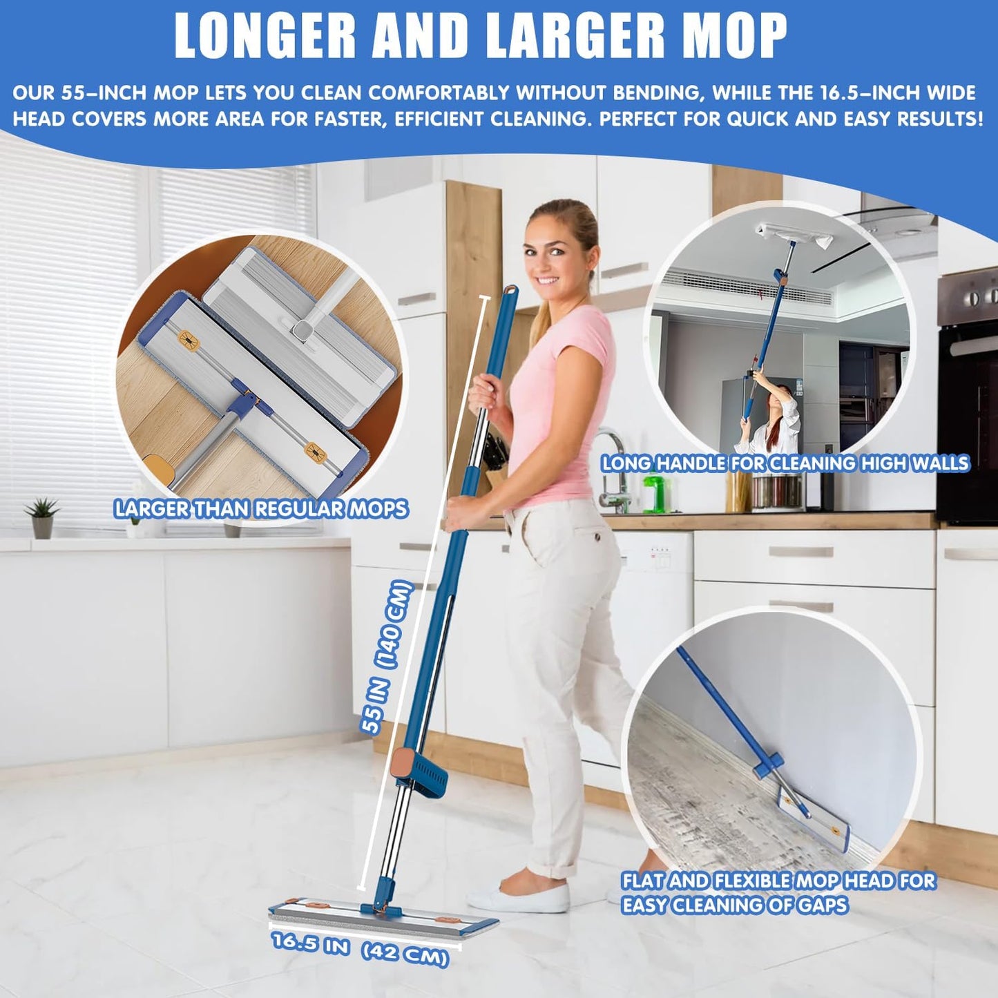 Self Wringing Microfiber Flat Mop and Bucket System with 16.5" Large Head and 55" Long Handle for Floor Wall Cleaning, 5 Microfiber Pads and Foldable Bucket, Wet and Dry