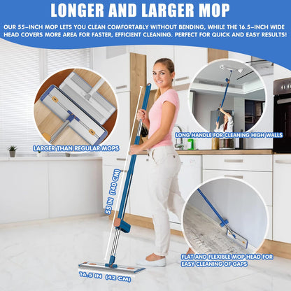 Self Wringing Microfiber Flat Mop and Bucket System with 16.5" Large Head and 55" Long Handle for Floor Wall Cleaning, 5 Microfiber Pads and Foldable Bucket, Wet and Dry